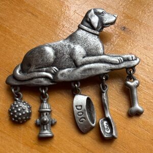 JJ Vintage Pewter Dog Charm Brooch with Toy Danglers